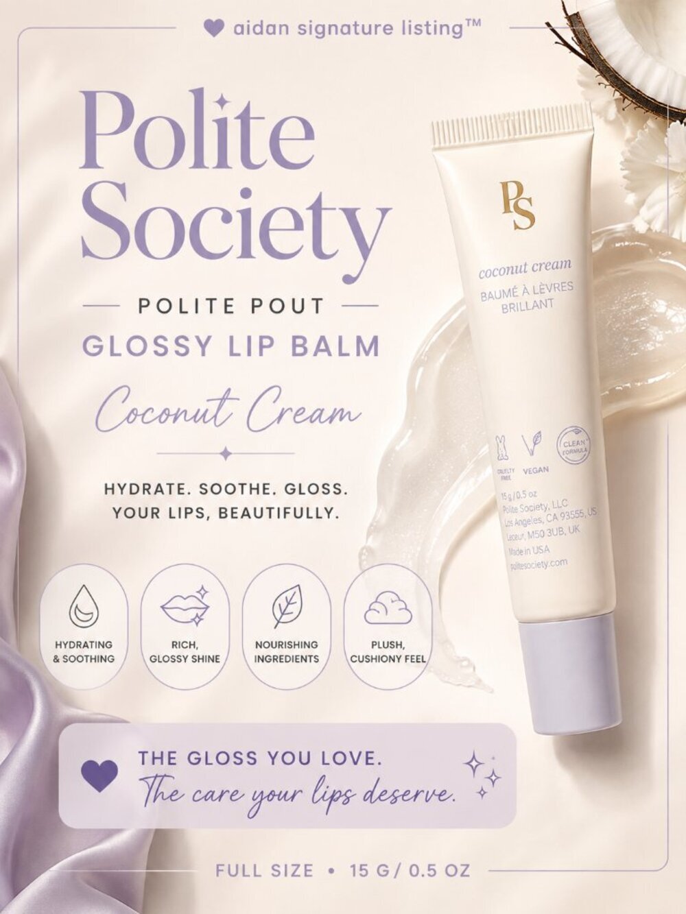 Polite Society Polite Pout Glossy Lip Balm Coconut Cream Full Size 0.5 oz NIB